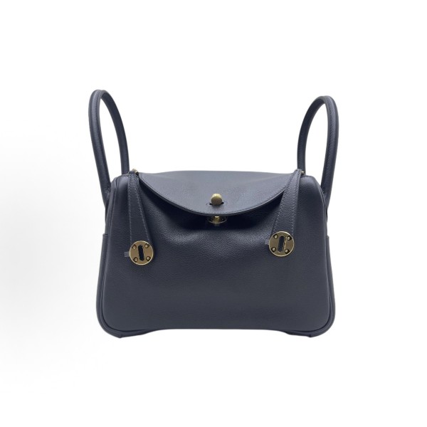 HERMES Lindy 26 Gold Buckle Handbag 26 Women\'s 3Y Caban Black tweed/Sailor Blue